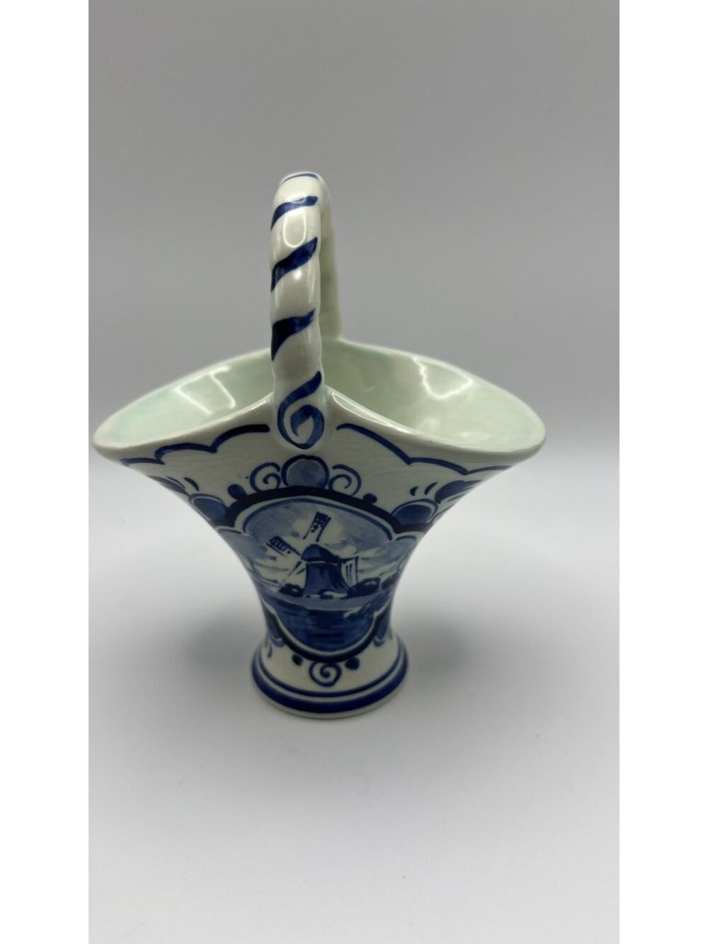Handpainted Delft Blue Ceramic Basket With Dutch Windmill Design & Twisted Handl